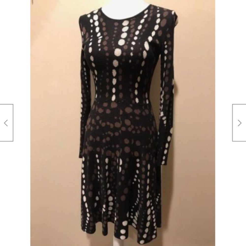 NWT Cynthia Rowley Black Brown Ivory Polka Dot Fit Flare A-line Jersey Dress XS - Picture 8 of 8